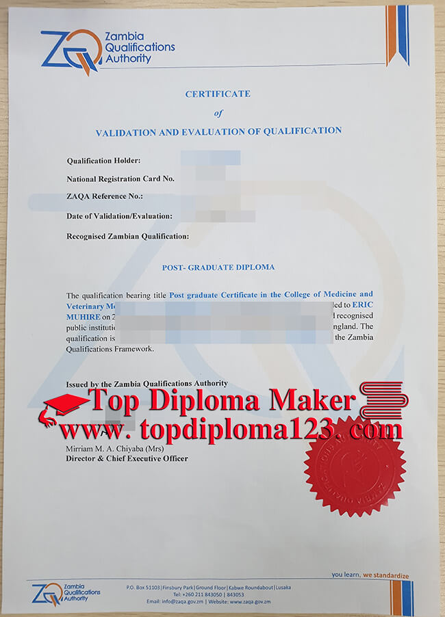 Zambia Qualifications Authority certificate