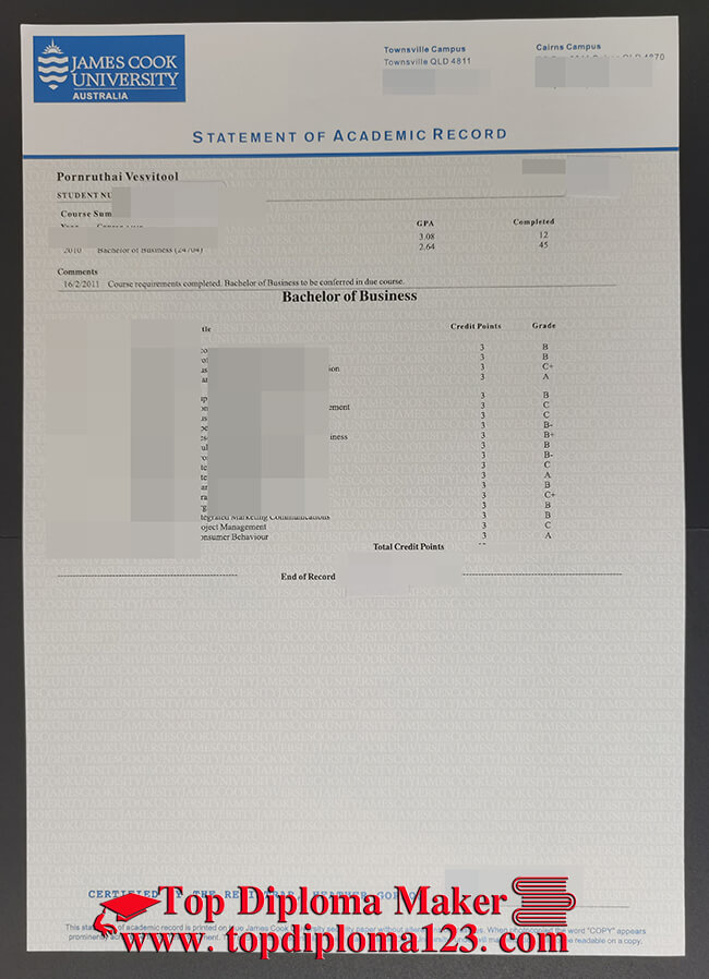 James Cook University transcript