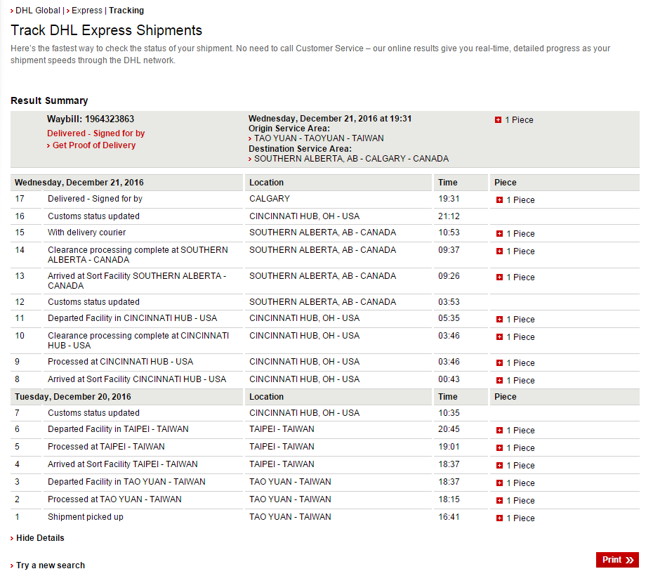 DHL tracking status